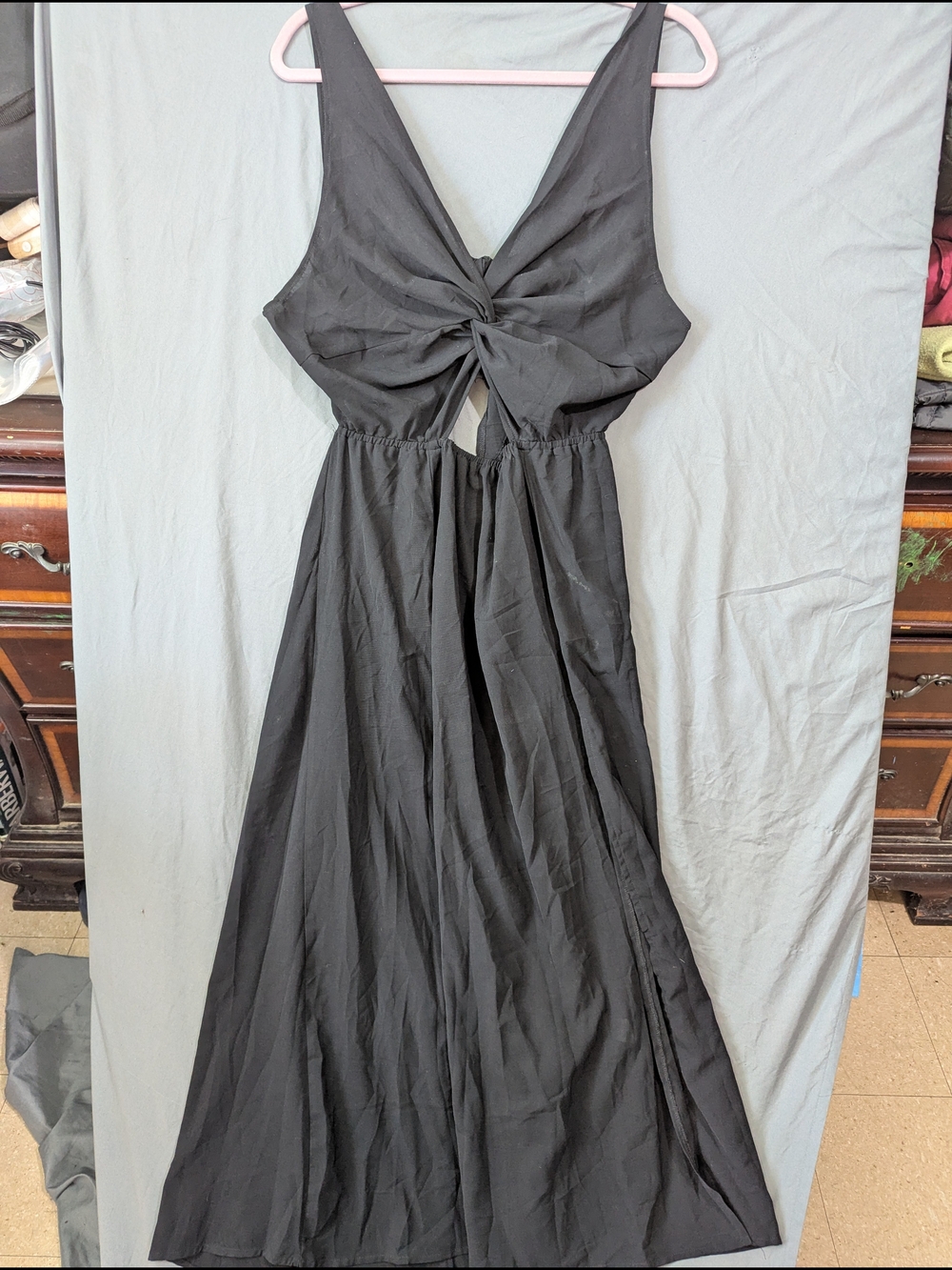 Black Twist-Front Cut Out Sides V-Neck Maxi Dress